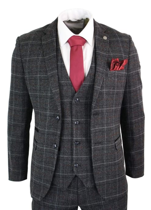 Traje Vintage Retro de Tweed Gris Carbón de 3 Piezas para Hombre - Image 1