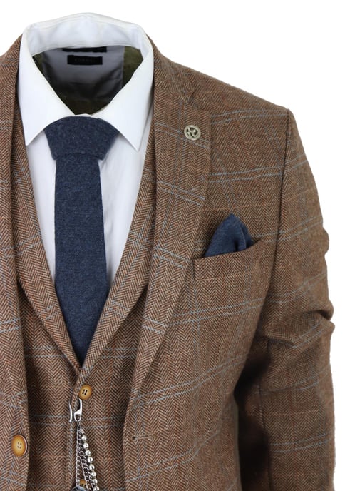 Traje de lana de 3 piezas para hombre, de tweed marrón roble, con cuadros de espiga y Peaky Blinders, Gatsby - Image 4