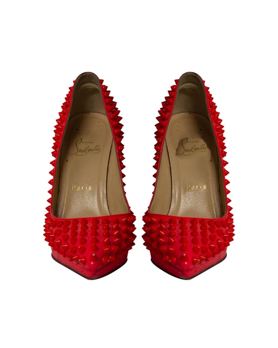 Christian Louboutin Pigalle Plato 120 Spiked Heels in Neon Red Patent Leather - Image 2