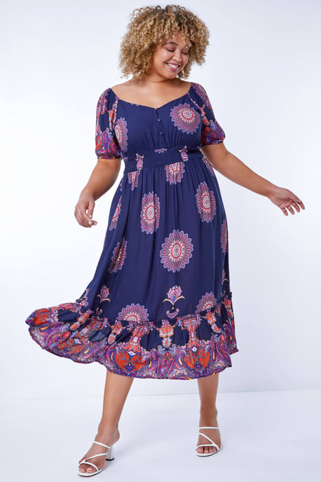 Curve Boho Print Sweetheart Midi Dress