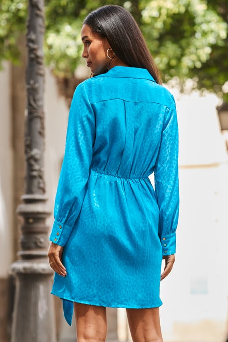 Azure Blue Satin Jacquard Wrap Dress