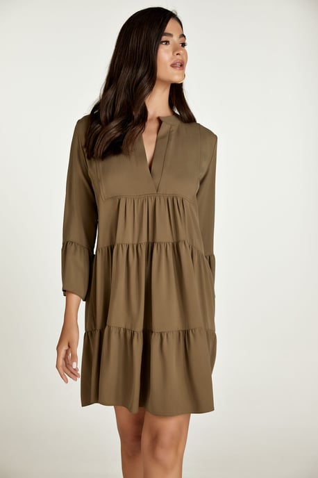 Khaki Tencel Gathered Seams Dress