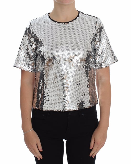 Blusa T-shirt de Cuello Redondo de Lentejuelas Plateadas para Mujer de Dolce & Gabbana - Image 1