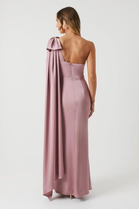 Bow And Drape Detail One Shoulder Satin Bridesmaids Dress - Image 3