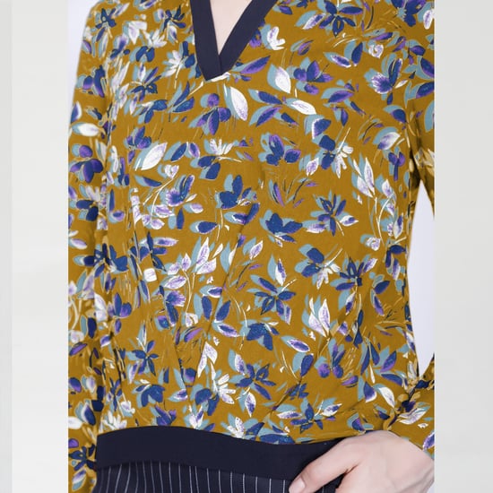 Satin col-v blouse and leaves print - Image 3