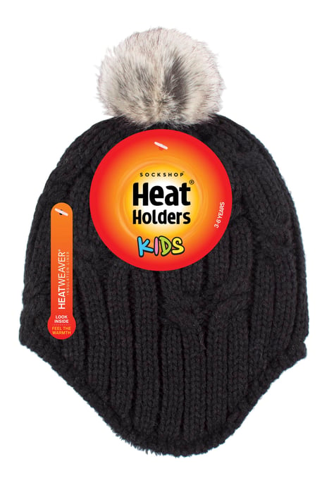 Heat Holders - Girls Cable Knitted Beanie Hat with Pom Pom Bobble for Winter | Gorro aislante térmico cálido - Negro - Image 2