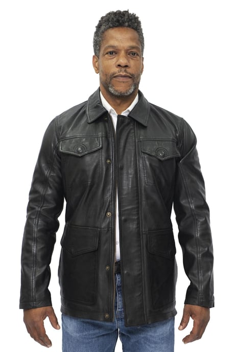 Mens Black Leather Safari Jacket-Porto