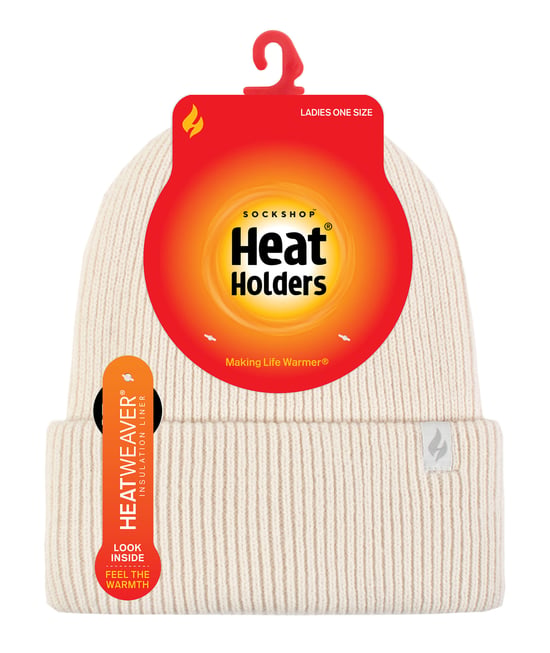 Ladies Fleece Lined Ribbed Turnover Hat | Heat Holders | Thermal Hat for Winter - Cream - Image 2
