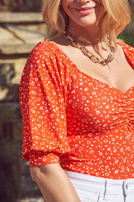 Red & White Ditsy Print Sweetheart Neckline Top