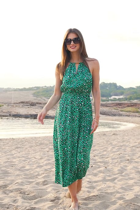 Emerald Green Animal Print Keyhole Detail Midi Dress