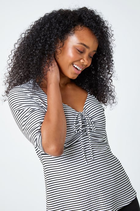 Petite Stripe Ruched V-Neck Stretch Top