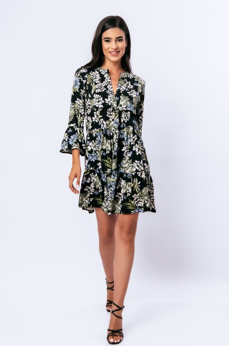 Vestido floral caqui, crudo y azul con mangas acampanadas - Image 1
