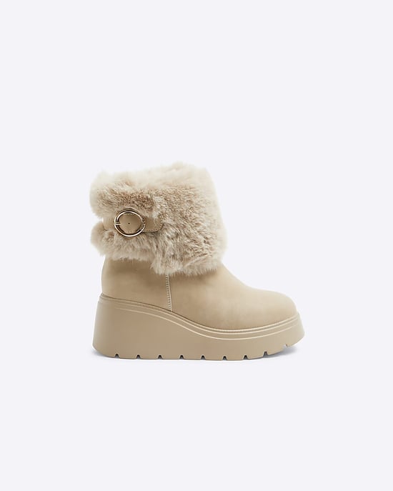River Island Girls Wedge Boots Girls Beige Faux Fur - Image 1