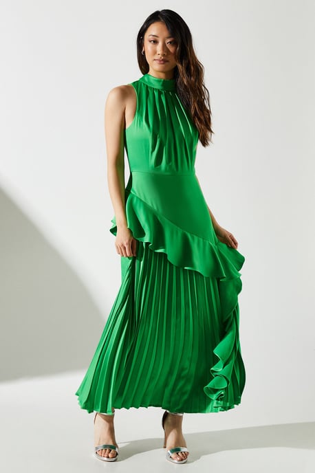 Sleeveless Ruffle Pleat Satin Back Crepe Dress