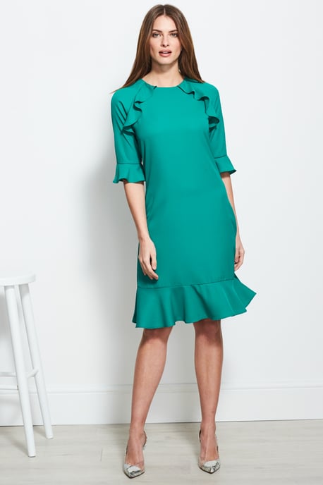 Emerald Green Ruffle Trim Detail Shift Dress
