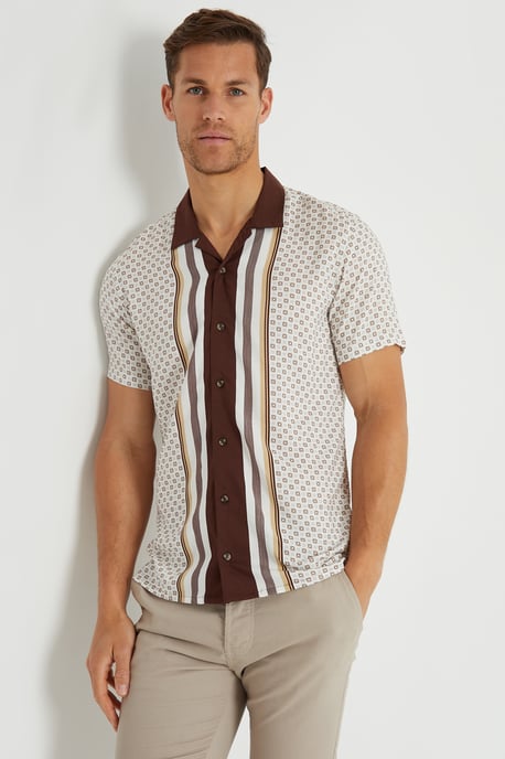 Brown 'Hallfield' Stripe Geo Print Revere Collar Short Sleeve Shirt