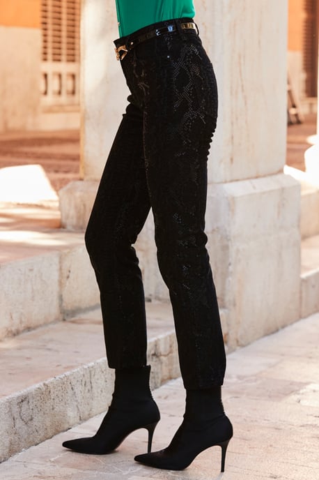 Black Textured Animal Print Coated Slim Leg Jeans