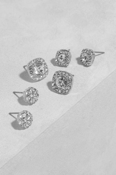 Silver Square Diamante Stud 3 Pack - Image 1