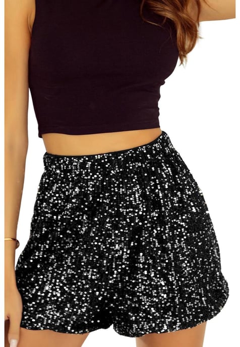 Pantalones cortos casuales de cintura alta con lentejuelas para mujer en negro - Image 2