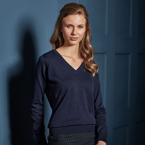 Premier Womens/Ladies V-Neck Knitted Sweater / Top (Navy) - Image 3