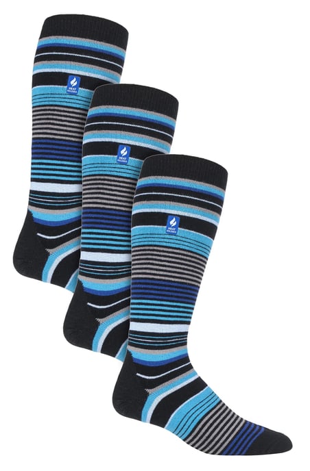 3 Pair Multipack Ultra Lite Mens Ski Socks | Heat Holders | Funky Patterned Striped Knee High Socks - Black Stripe - Image 1