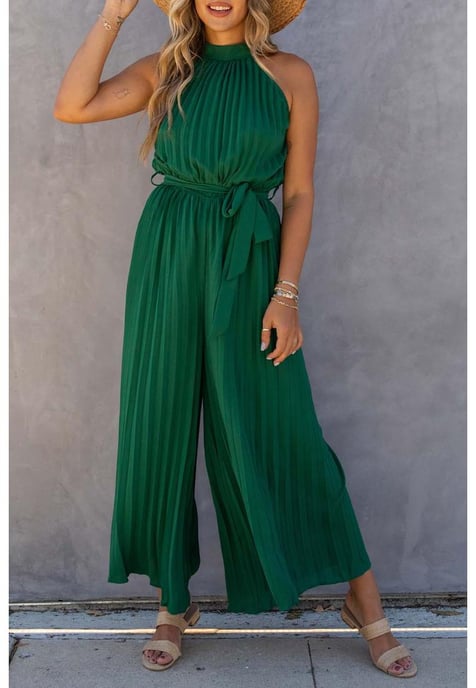 Azura Exchange Women's Pleated Wide Leg Jumpsuit with Belt in Green - Image 4