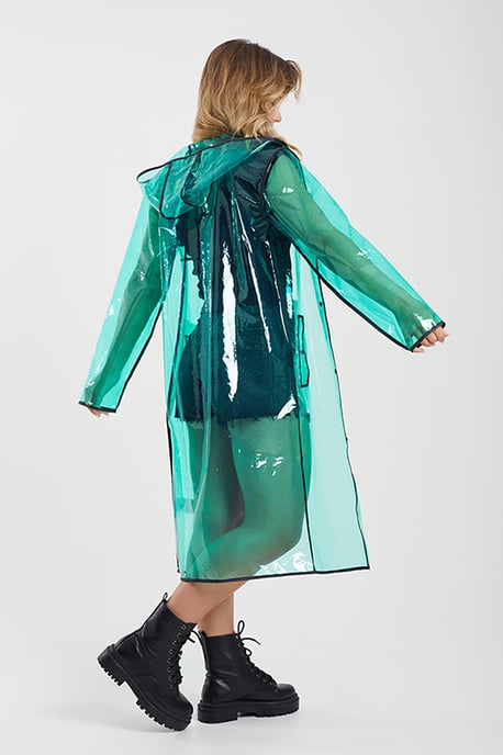 Light Green Hooded Longline Rain Mac With Contrasting Binding