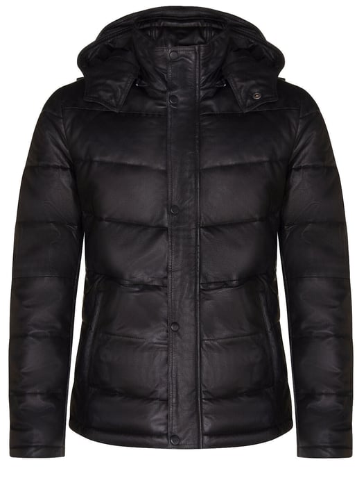 Black Puffer Leather Quilted Warm Bomber Hooded Jacket