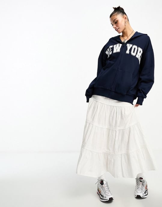 ASOS DESIGN zip through hoodie with new york graphic in navy - Image 2
