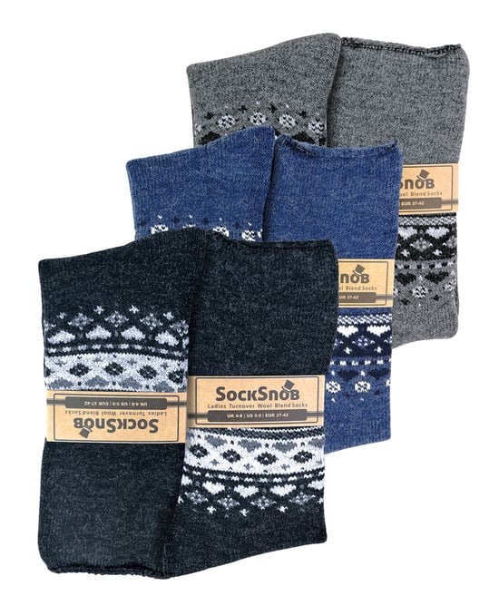 Lote de 3 calcetines de lana con diseño nórdico para mujer - Negro / Carbón / Denim - Image 2