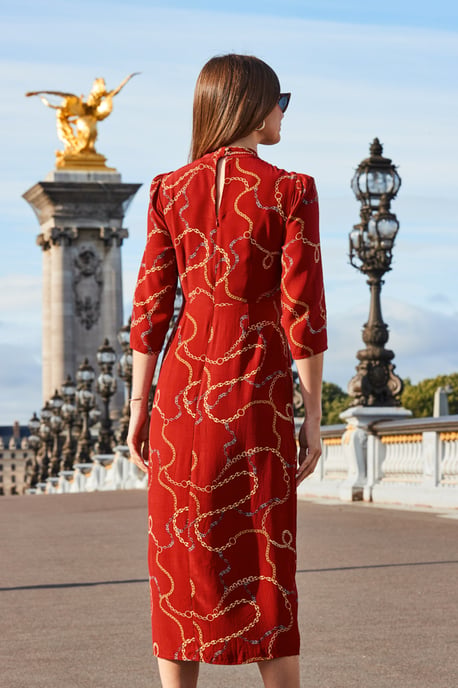 Red Chain Print Keyhole Detail Midi Dress