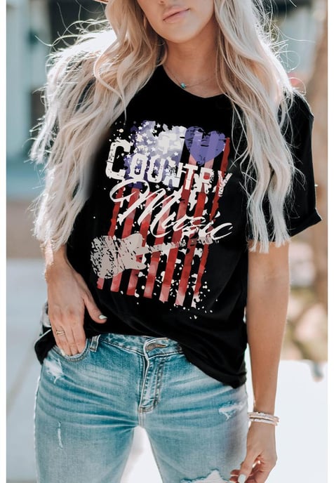 Camiseta de manga corta negra con estampado de la bandera americana de para mujer - Image 6