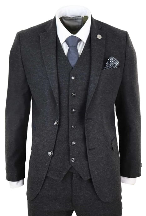 Traje retro vintage de tweed de lana negro de 3 piezas para hombre - Image 1