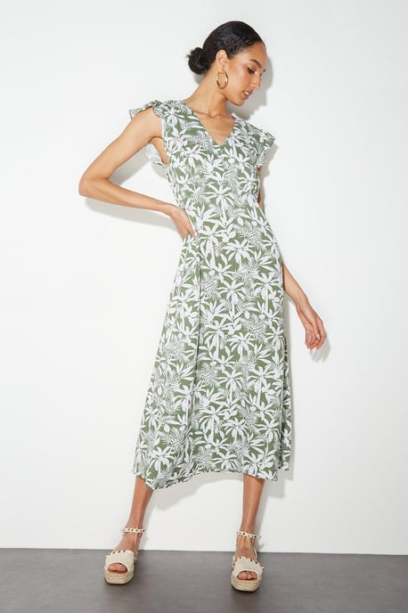 Petite Safari Ruffle Sleeve Button Midi Dress