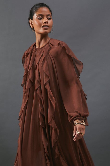 Chiffon Ruffle Blouson Sleeve Maxi Dress