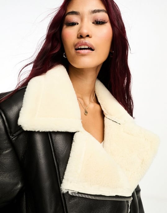 ASOS DESIGN faux leather bonded borg aviator jacket in black