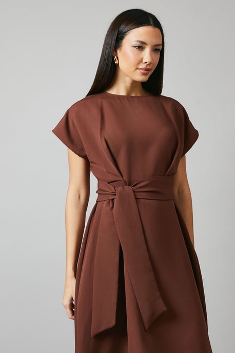 Mocha Tie Waist Midi Dress