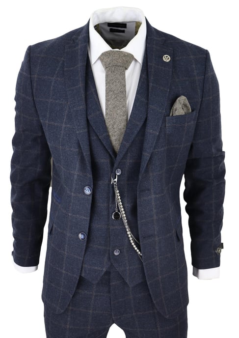 Traje de lana de 3 piezas para hombre, de tweed azul marino a cuadros, Peaky Blinders, estilo Gatsby de los años 20 - Image 1