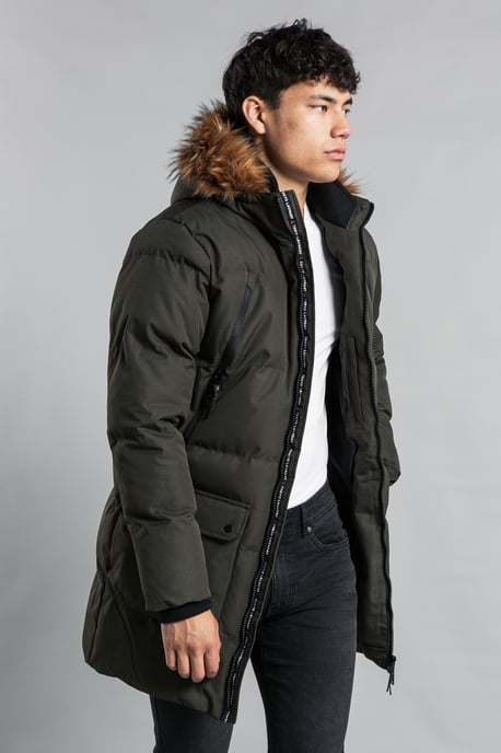 Khaki Padded Longline Coat With Faux Fur Hood
