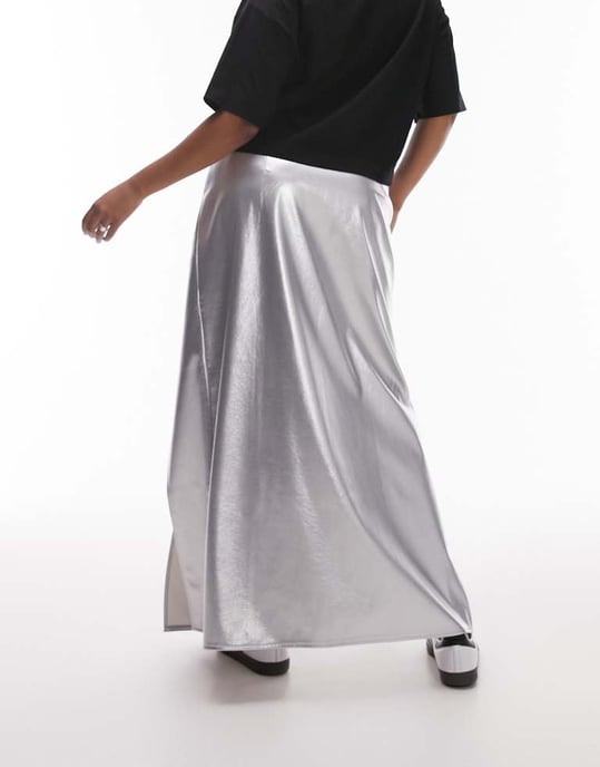 Topshop Curve vinyl double split midi skirt in silver - Image 2