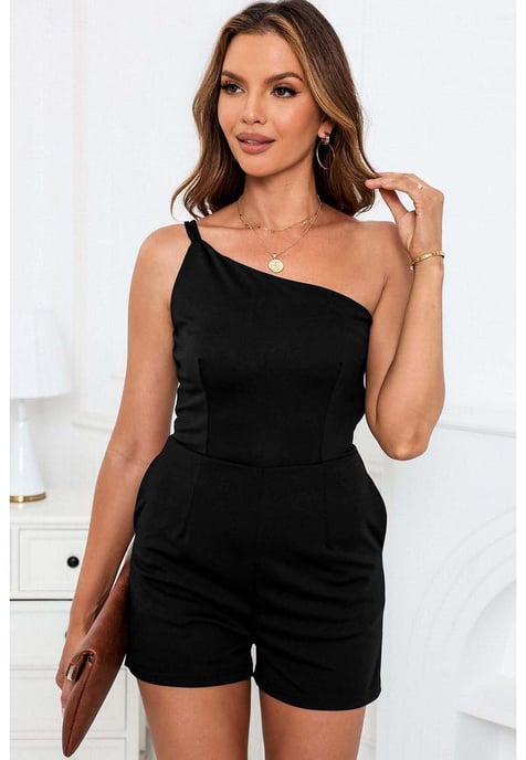 Azura Exchange Women's One Shoulder Side Pocketed Romper in Black - Image 1