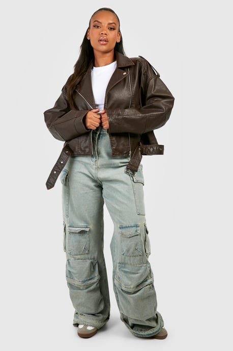 Plus Vintage Faux Leather Crop Biker Jacket - Image 3