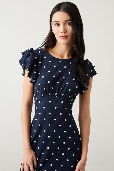 Navy Spot Print Ruffle Sleeve Empire Midi Dress - Image 2