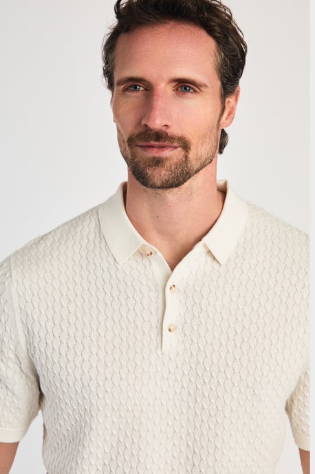 Ecru Cotton Short Sleeve Button-Up Polo Shirt