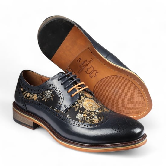 Zapatos de vestir brogue de cuero azul marino con estampado floral para hombre Justin Reess - Ross - Image 5