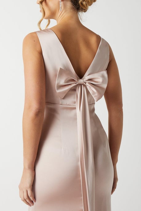Bow Back V Neck Satin Bridesmaids Dress - Image 5
