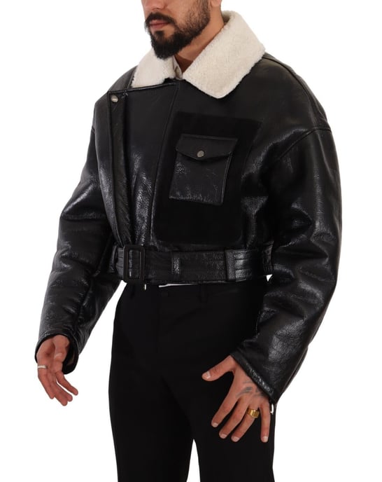 Abrigo de motociclista de cuero negro con forro de piel de oveja para hombre de Dolce & Gabbana - Image 2