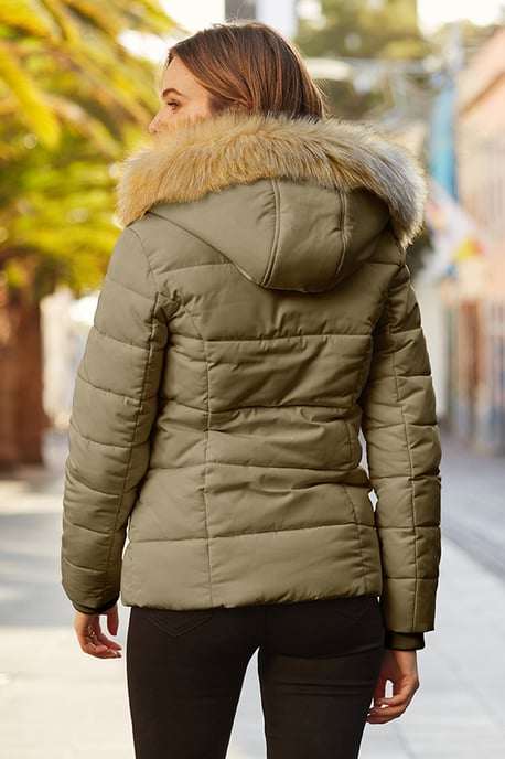 Khaki Green Faux Fur Trim Luxe Padded Coat With Silver Zip Pockets