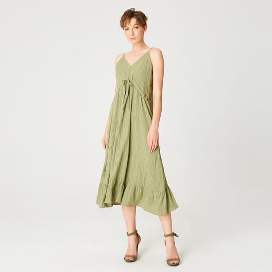 Trapeze midi dress with drawstring and thin shoulder straps