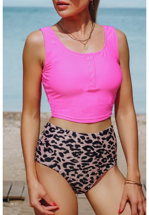 Conjunto de Tankini Sin Mangas de Cuello Cuadrado con Estampado de Moda para Mujeres en Leopardo - Image 1